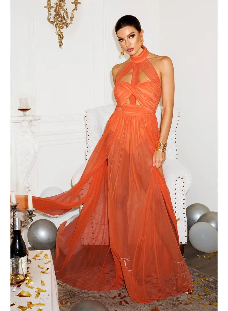 Bella Barnett Rivka Halterneck Twist Mesh Maxi Dress