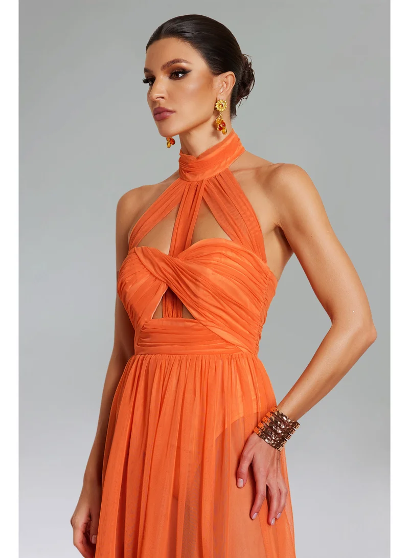 Bella Barnett Rivka Halterneck Twist Mesh Maxi Dress