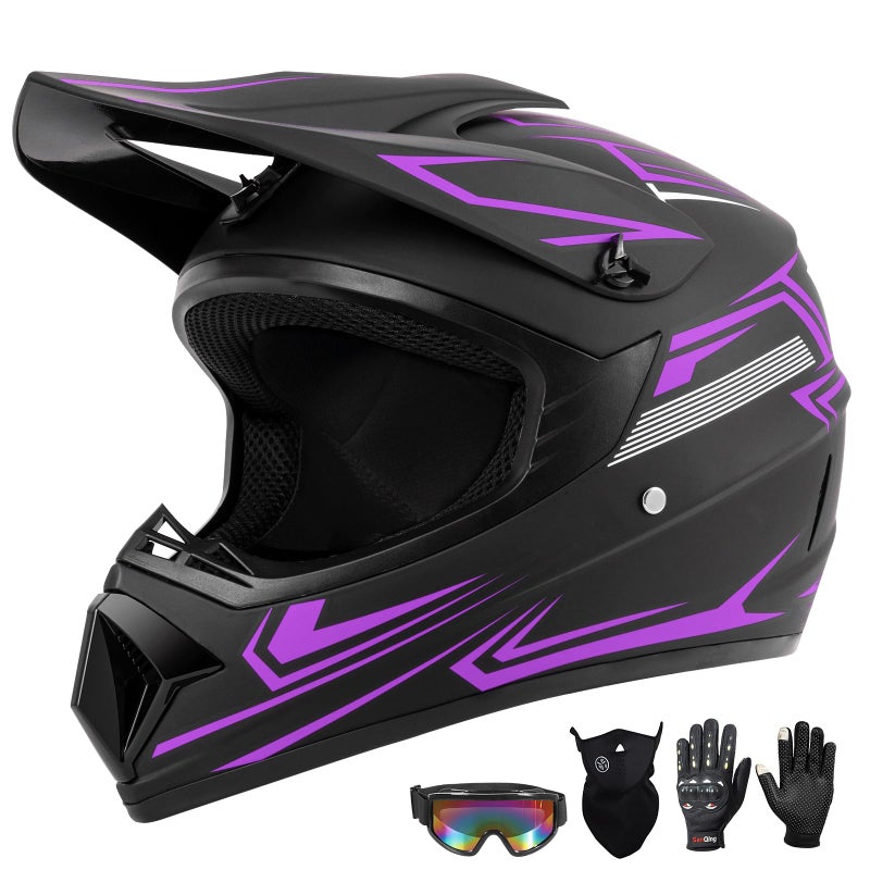 TIANDU Youth Kids Dirt Bike Motocross Helmet (Goggles Gloves Face Mask) 4PCS Set, DOT Approved Girls Full Face Motorcycle Helmets, ATV BMX MX Mountain Bike Off Road Kid Helmet (Purple, M) - Image 1