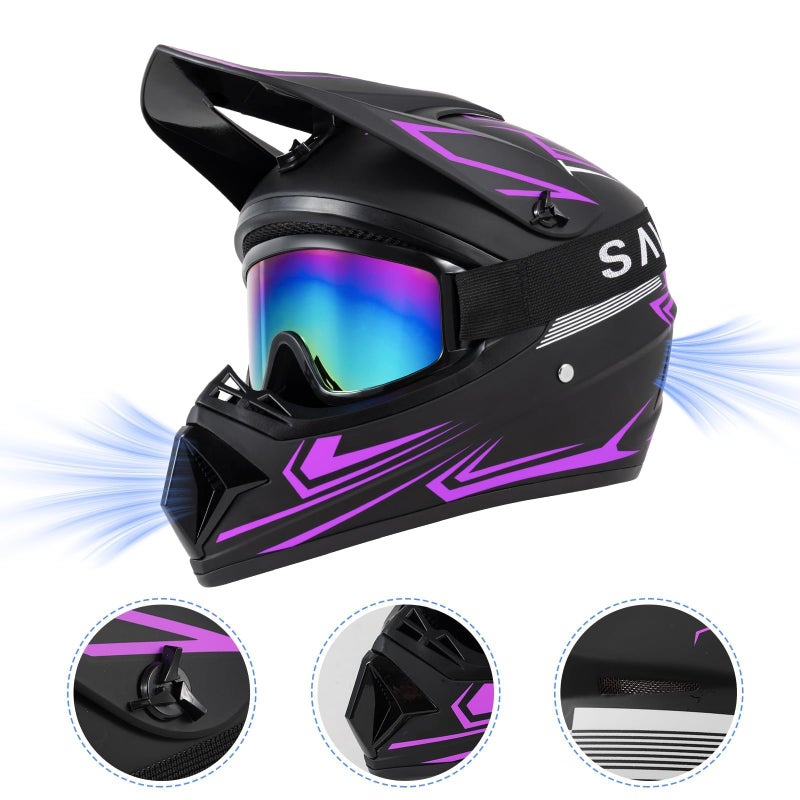 TIANDU Youth Kids Dirt Bike Motocross Helmet (Goggles Gloves Face Mask) 4PCS Set, DOT Approved Girls Full Face Motorcycle Helmets, ATV BMX MX Mountain Bike Off Road Kid Helmet (Purple, M) - Image 2