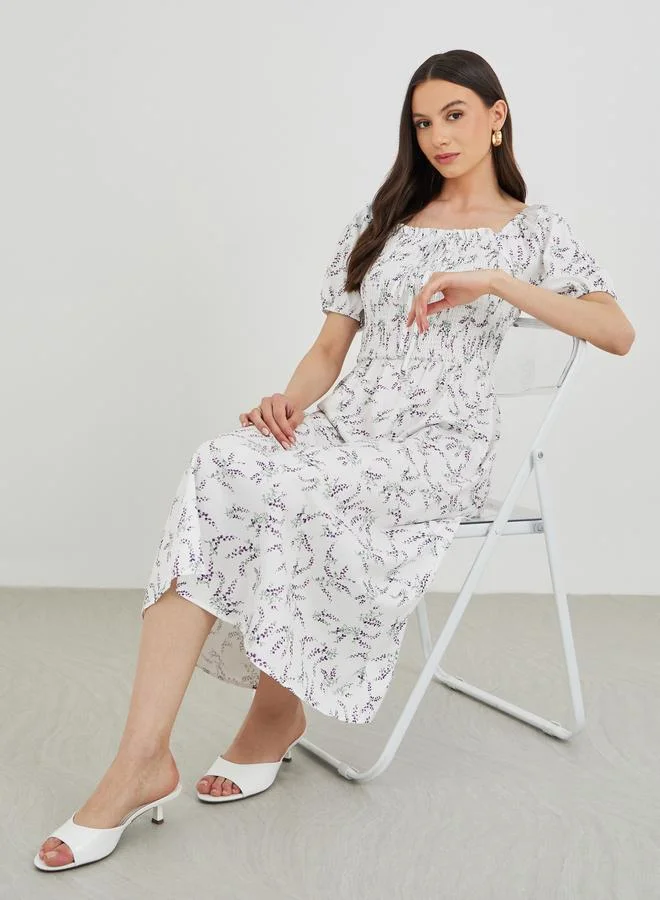 Take Two Take Two Floral Print Puff Sleeve Smocked Midi Dress