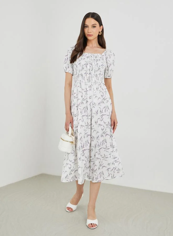 Take Two Take Two Floral Print Puff Sleeve Smocked Midi Dress