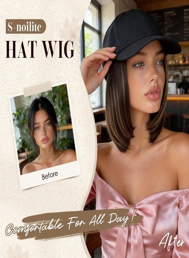 S-noilite Hat Wigs for Women Baseball Cap with Synthetic Hair Extensions Adjustable Black Hats with Short Straight Hair Attached for Women Daily Wear Medium Brown Wig（6Inch） - Image 4
