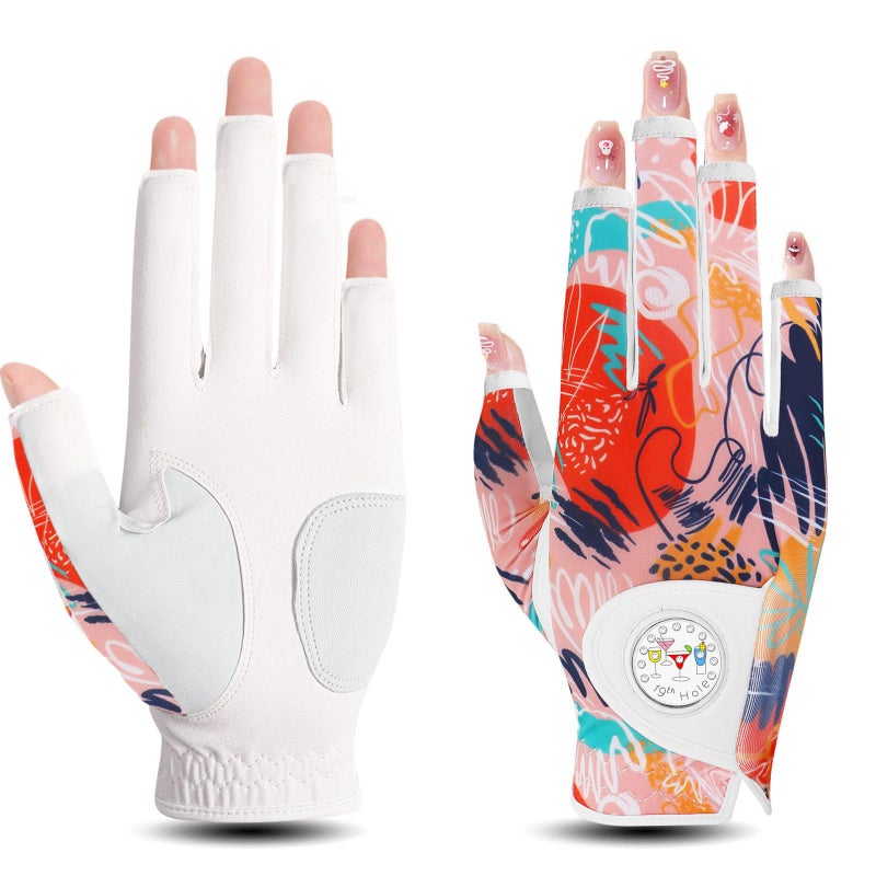 FINGER TEN Stylish Golf Gloves Women with Ball Marker 1 Pack for Left or Right Hand, Breathable Glove with Fashion Patterns for Ladies Right Left Handed Golfer (Half-Orange, X-Large, Right) - Image 1