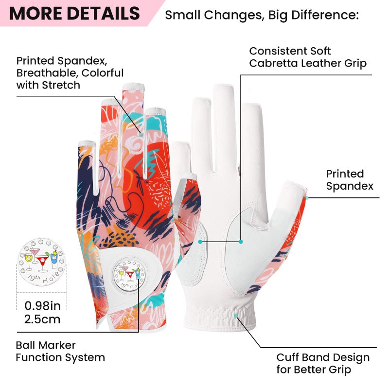 FINGER TEN Stylish Golf Gloves Women with Ball Marker 1 Pack for Left or Right Hand, Breathable Glove with Fashion Patterns for Ladies Right Left Handed Golfer (Half-Orange, X-Large, Right) - Image 2