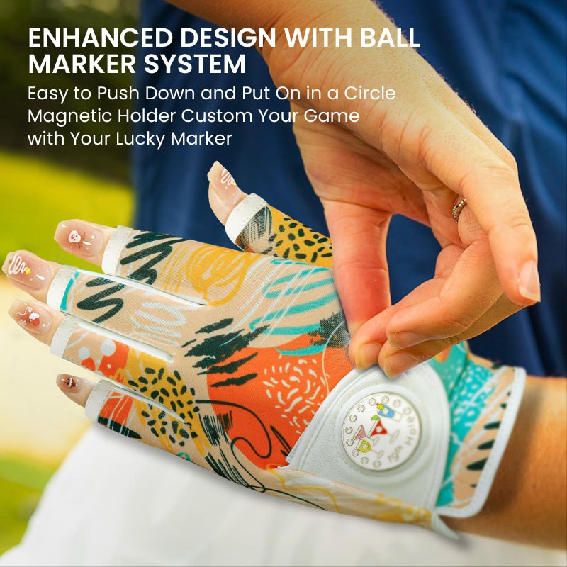 FINGER TEN Stylish Golf Gloves Women with Ball Marker 1 Pack for Left or Right Hand, Breathable Glove with Fashion Patterns for Ladies Right Left Handed Golfer (Half-Orange, X-Large, Right) - Image 4