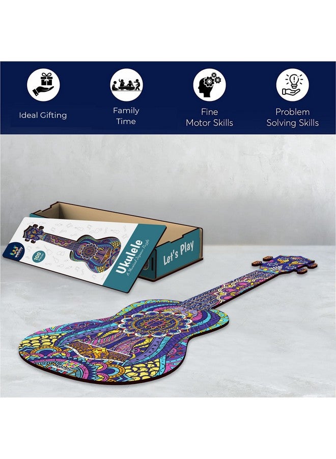 Webby Colourful Ukulele Wooden Jigsaw Puzzle, Beautiful Unique Family Guitar Shape Jigsaw Puzzle, Best Gift for Adults,Teenagers & Kids (50×19) cm, 100 Pcs - Image 3