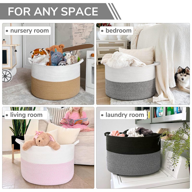 INDRESSME XXXLarge Cotton Rope Basket Woven Baby Laundry Baskets Blanket Baskets Toy Basket with Handle Comforter Cushions Storage Bin Thread Laundry Hamper - 21.7" x 21.7" x 13.8" - Image 5