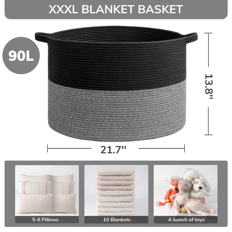 INDRESSME XXXLarge Cotton Rope Basket Woven Baby Laundry Baskets Blanket Baskets Toy Basket with Handle Comforter Cushions Storage Bin Thread Laundry Hamper - 21.7" x 21.7" x 13.8" - Image 3