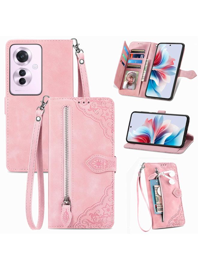 اس-توب جراب هاتف OPPO Reno11 F 5G من الجلد بسحاب منقوش بالزهور - Image 1