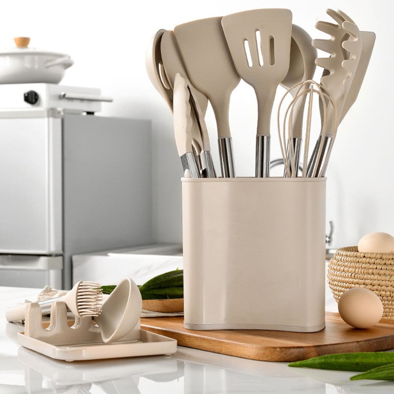 13 Piece Stainless Steel Silicone Cooking Utensils Set - Heat Resistant Anti Slip Grip Kitchen Tools with Storage Bucket for Home Cooking Chef Use - Image 4