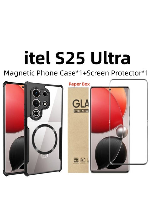 [1+1 Sets] For itel S25 Ultra Case & Screen Protector Magnetic Suction Car Phone Case with Anti Drop Function High Transmittance Glass Scratch Resistant Tempered Glass