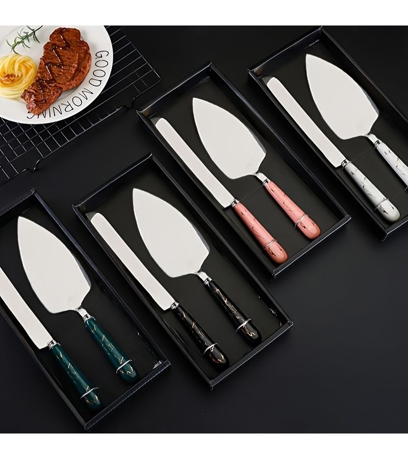Golden Green Stainless Steel Cake Server and Cutlery Set with Pearl Ceramic Handle for Wedding Birthday Party and Holiday - Image 1