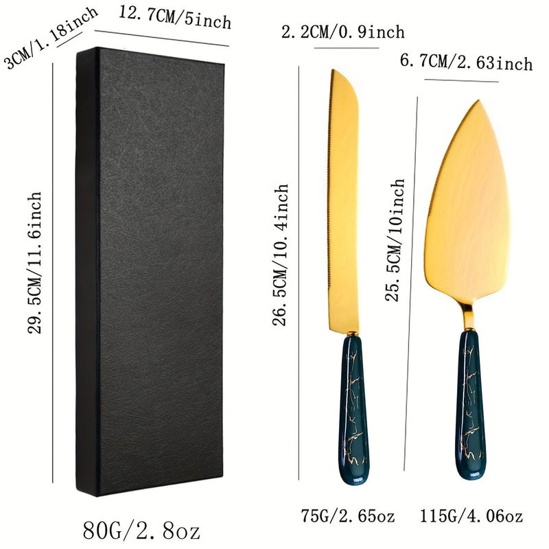 Golden Green Stainless Steel Cake Server and Cutlery Set with Pearl Ceramic Handle for Wedding Birthday Party and Holiday - Image 3