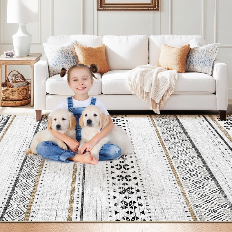 BESTSWEETIE 8x10 Area Rugs for Living Room Washable Moroccan Farmhouse Neutral Geometric Low Pile Non-Slip Soft Print Pattern Rug for Bedroom Kitchen Dining Room Entryway Black/Brown - Image 2