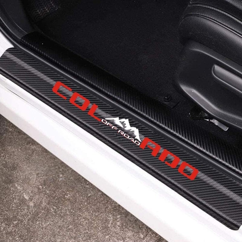 MAXMILO 4Pcs Car Door Sill Protector Reflective 4D Carbon Fiber Leather Sticker Decoration Door Entry Guard Accessories Compatible with Colo4x4rado Off Road (Red) - Image 1
