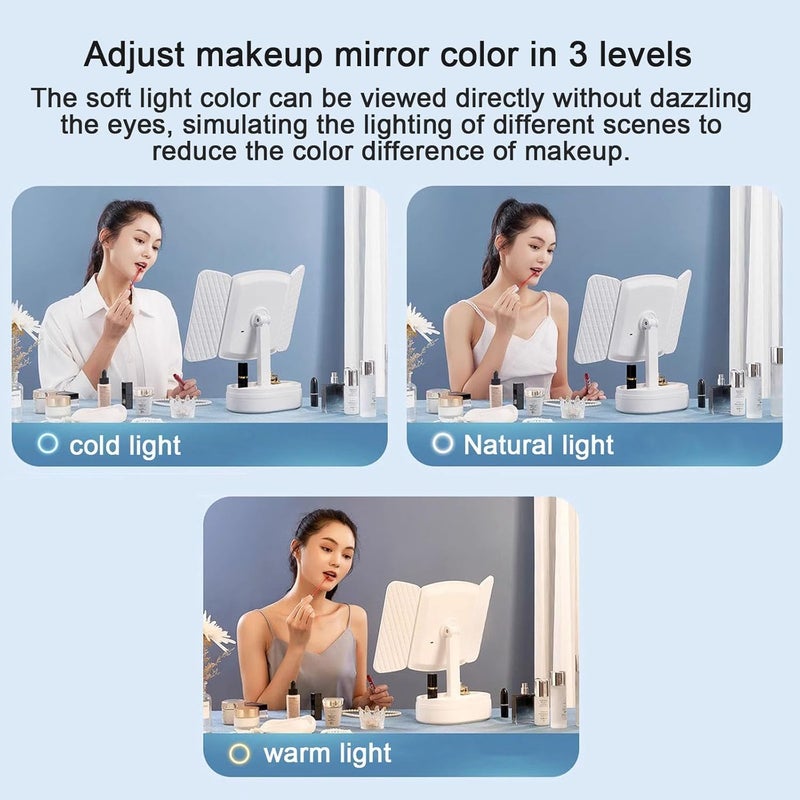 Brikipth Cosmetic Mirror with Lights Vanity Mirror Bathroom Adjustable Brightness Mirror 1X2X3XMagnification and Touch Screen TriFolding Cosmetic Mirror Unique Shape Gifts for Women White - Image 4