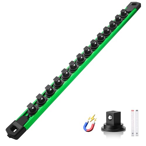 Reniteco Magnetic Socket Organizer 38 Drive Aluminum Alloy Socket Rail Heavy Duty Magnetic Socket Holder with 14PC 360 Swivel Removable Clips Magnetic Socket Rack for Tool Box Drawer Green - Image 1