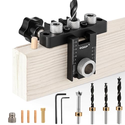 GQGP 3-in-1 Dowel Jig Kit, Self Centering Doweling Jig for Straight Holes, Woodworking Adjustable Width Drill Guides Locator, Woodworking Joints Tool with 5/16", 3/8", 19/32" Drill Bits - Image 1