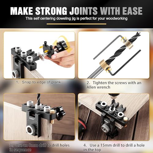 GQGP 3-in-1 Dowel Jig Kit, Self Centering Doweling Jig for Straight Holes, Woodworking Adjustable Width Drill Guides Locator, Woodworking Joints Tool with 5/16", 3/8", 19/32" Drill Bits - Image 3