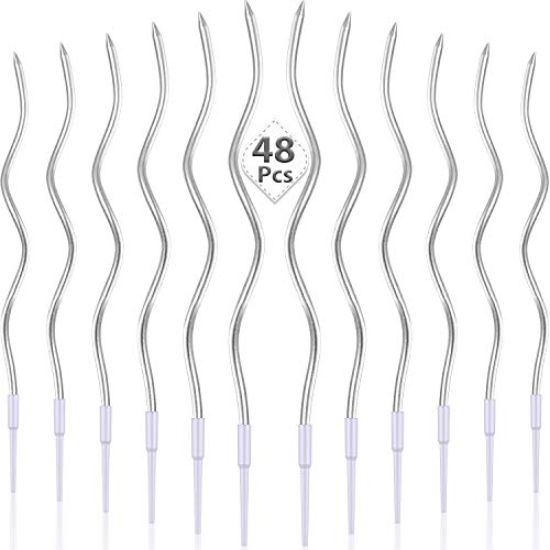BBTO 48 Pieces Twisty Birthday Spiral Cake Candles with Holders Long Thin Curly Coil Metallic Cake Cupcake Candles for Birthday Wedding Party Decoration(Metallic Silver) - Image 1