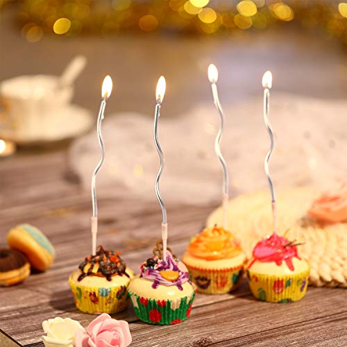BBTO 48 Pieces Twisty Birthday Spiral Cake Candles with Holders Long Thin Curly Coil Metallic Cake Cupcake Candles for Birthday Wedding Party Decoration(Metallic Silver) - Image 5