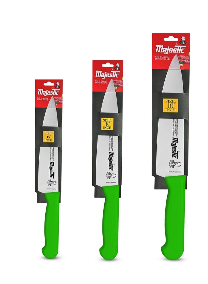 Majestic Majestic 3-Piece Chef Knife Set – 6-Inch, 8-Inch & 10-Inch High Carbon Stainless Steel Knives, Razor-Sharp Edge, Ergonomic Non-Slip Handle, Safe Bolster & Heel, Precision Cutting for Slicing, Chopping & Dicing – Dishwasher Safe, Green - Image 1