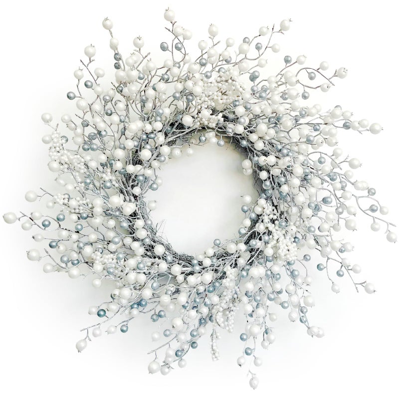 Huashen Huashen 24 Inch Spring Front Door Wreath Winter Berry Wreath Metallic Effect Pearl White  Silver Berry Christmas Wreaths for Front Door Wall Window Hanging Christmas Decoration Home Dcor 