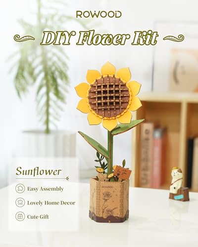 rowood 3D Wooden Puzzles for Adults DIY Artifical Flower Building Set Craft Kit for WomenMothers DayValentines DayThanksgiving DayChristmasBirthday Gift Sunflower - Image 5