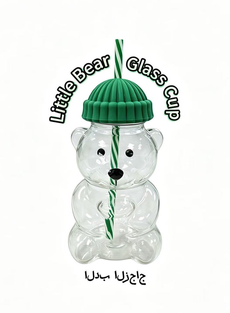 YZMA GLOBAL 590ml Cute Bear Heat-Resistant Glass Mug with Lid and Straw, Reusable Iced Coffee Cup for Cold & Hot Drinks, Milk Tea Juice Water Bottle - Green - Image 1