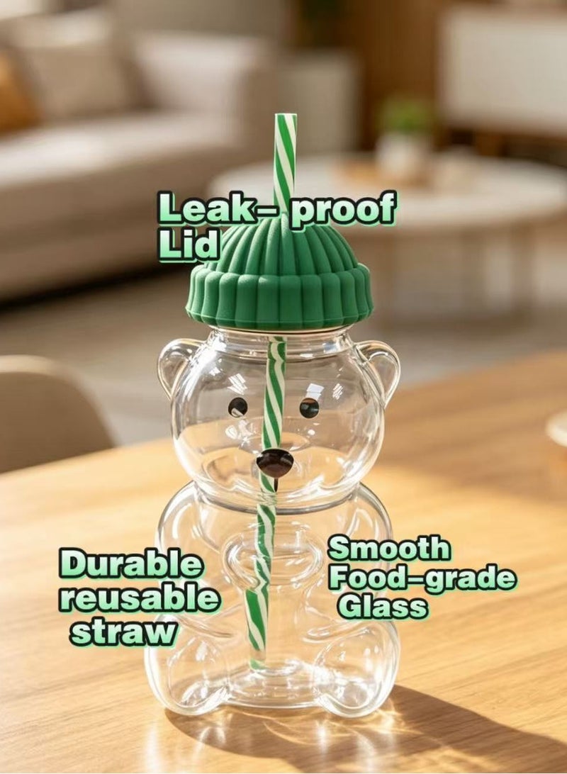 YZMA GLOBAL 590ml Cute Bear Heat-Resistant Glass Mug with Lid and Straw, Reusable Iced Coffee Cup for Cold & Hot Drinks, Milk Tea Juice Water Bottle - Green - Image 2