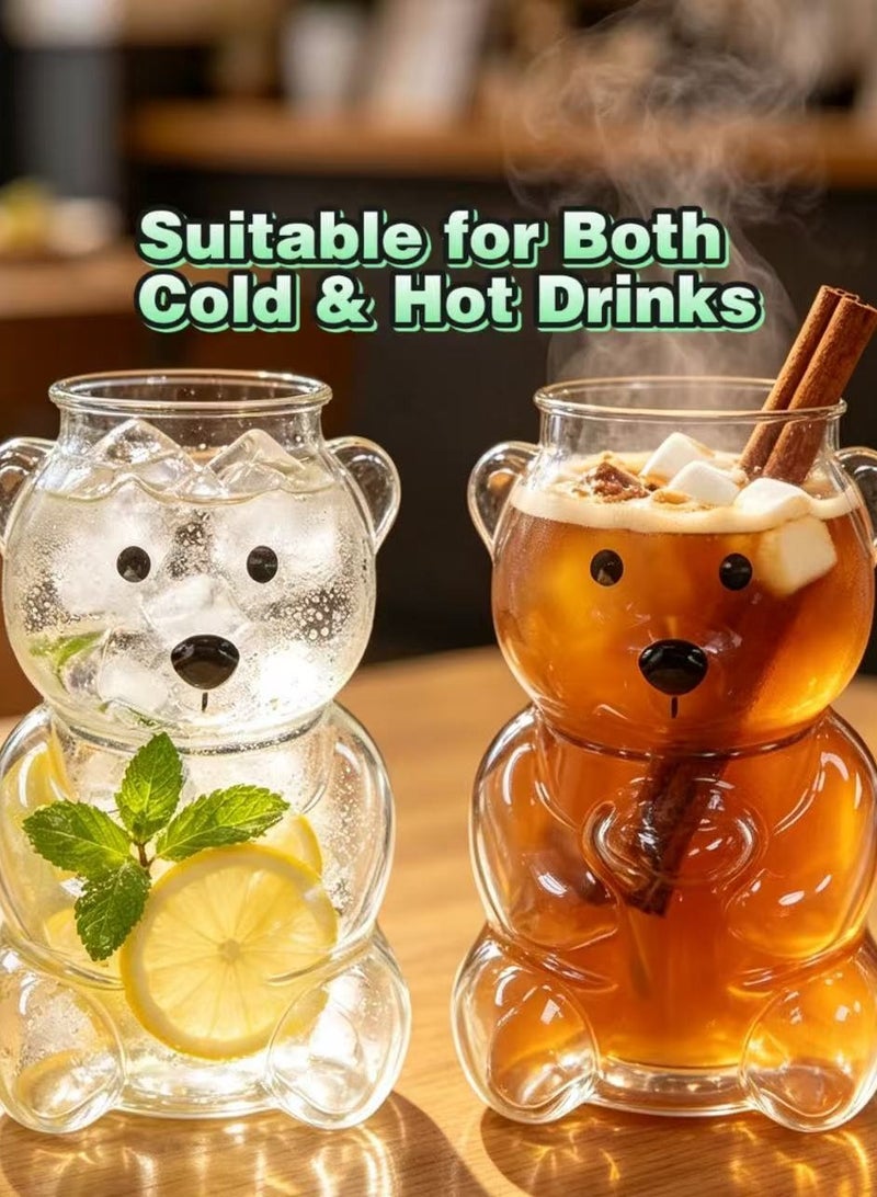YZMA GLOBAL 590ml Cute Bear Heat-Resistant Glass Mug with Lid and Straw, Reusable Iced Coffee Cup for Cold & Hot Drinks, Milk Tea Juice Water Bottle - Green - Image 3