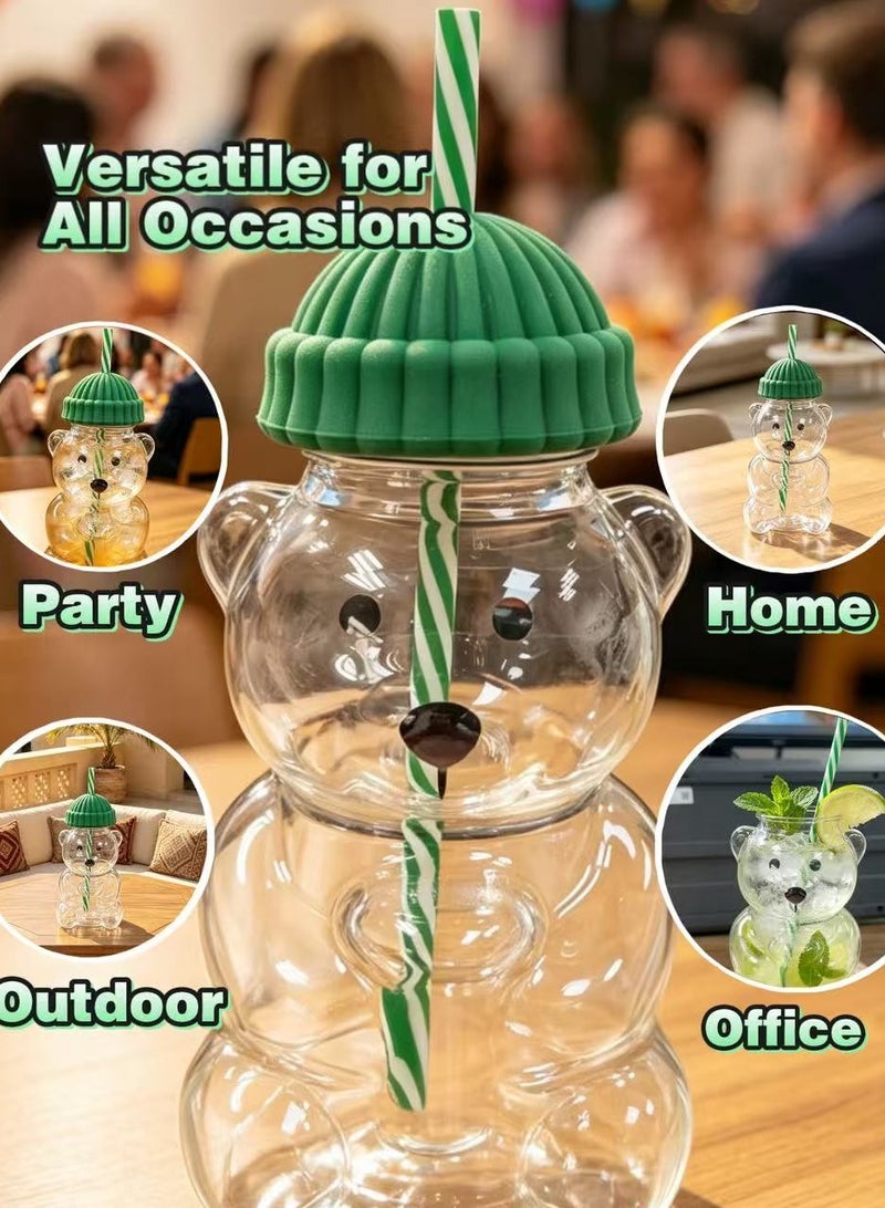 YZMA GLOBAL 590ml Cute Bear Heat-Resistant Glass Mug with Lid and Straw, Reusable Iced Coffee Cup for Cold & Hot Drinks, Milk Tea Juice Water Bottle - Green - Image 4