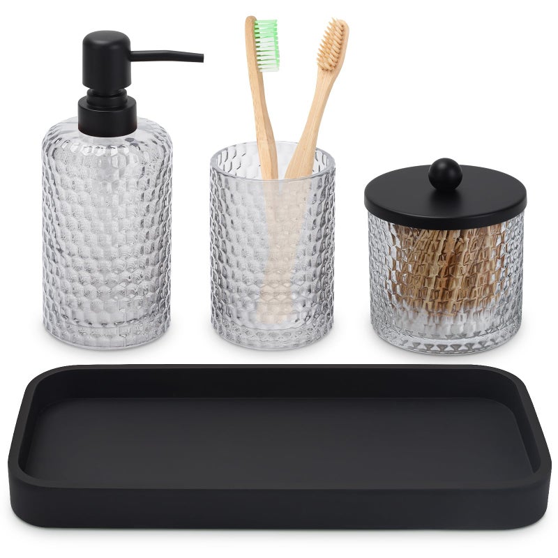 Bathroom Accessory Set4 Pcs Clear Glass Bathroom Accessories SetLotion Soap DispenserToothbrush HolderQtip Holder Dispenser  Resin Vanity TrayCountertop Vanity OrganizerCrystal Clear
