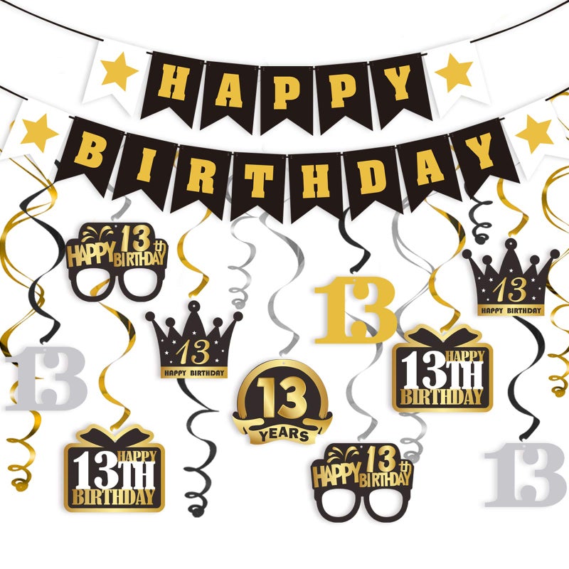 LINGTEER Happy 13th Birthday Decorations Set  12Pcs Black  Gold Swirls Streamer with Happy Birthday Bunting BannerCheers to Thirteen Years Old Bday Party Decorations Gift Sign