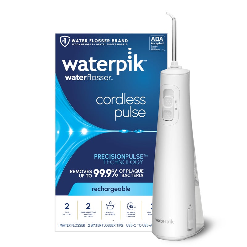 Waterpik جهاز تنظيف الأسنان بالماء اللاسلكي القابل لإعادة الشحن من ووتر بيك، جهاز محمول لتنظيف الأسنان واللثة ورعاية التقويم والسفر مع 2 نصائح للتنظيف، مقاوم للماء، معتمد من ADA، WF-20 أبيض، قد يختلف التعبئة - Image 1