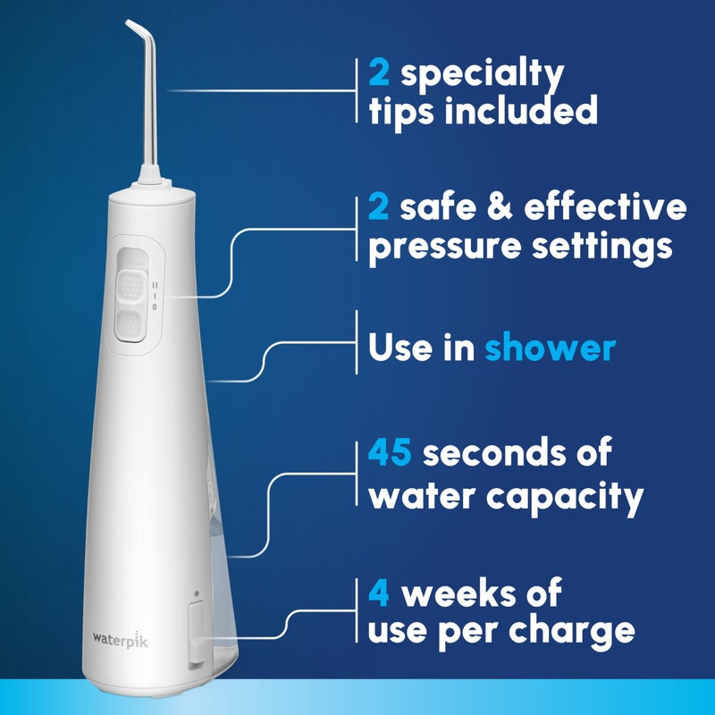 Waterpik جهاز تنظيف الأسنان بالماء اللاسلكي القابل لإعادة الشحن من ووتر بيك، جهاز محمول لتنظيف الأسنان واللثة ورعاية التقويم والسفر مع 2 نصائح للتنظيف، مقاوم للماء، معتمد من ADA، WF-20 أبيض، قد يختلف التعبئة - Image 2