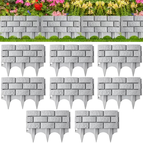 Landical 8 Pcs Imitation Stone Garden Fence Faux Stone Retaining Wall Look Garden Bricks Border with Ground Stakes 173 x 126 in Gray Plastic Edging Blocks for Flower Beds Lawn Mulch Gray - Image 1