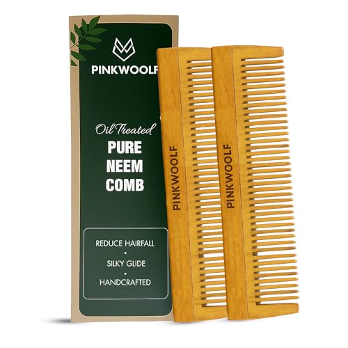 Pink Woolf Wide and Narrow Tooth Neem Wooden Comb for Curly, Thick & Frizzy Hair | Katchhi Neem Detangler Comb for Women & Men | Gentle on Scalp, Anti-Static, Natural Handmade Wood Hair Comb for Smooth, Healthy Haircare, Pack Of 2 - Image 1