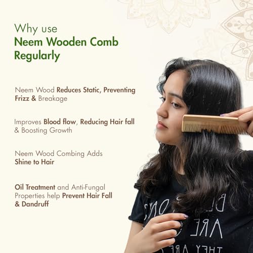 Pink Woolf Wide and Narrow Tooth Neem Wooden Comb for Curly, Thick & Frizzy Hair | Katchhi Neem Detangler Comb for Women & Men | Gentle on Scalp, Anti-Static, Natural Handmade Wood Hair Comb for Smooth, Healthy Haircare, Pack Of 2 - Image 4