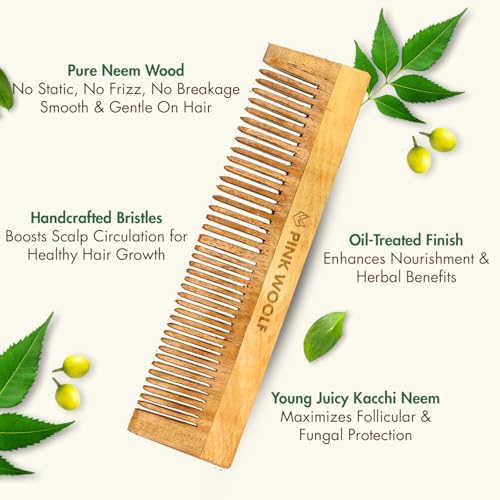 Pink Woolf Wide and Narrow Tooth Neem Wooden Comb for Curly, Thick & Frizzy Hair | Katchhi Neem Detangler Comb for Women & Men | Gentle on Scalp, Anti-Static, Natural Handmade Wood Hair Comb for Smooth, Healthy Haircare, Pack Of 2 - Image 2