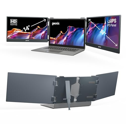 Geonix 14" Tri-Screen Portable Dual Monitor – Foldable 1080p Display Extender for 14–17" Laptops, USB-C & Mini HDMI, HDR, Kickstand, Compatible with Windows - Image 1
