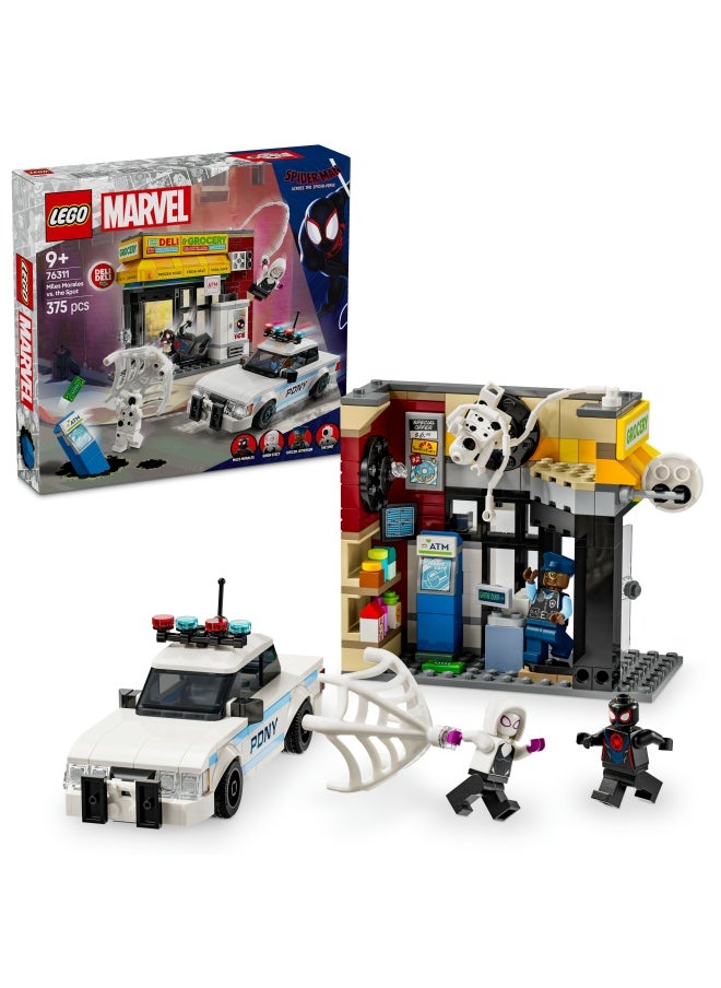 LEGO - Marvel Spider-Verse: Miles Morales vs. The Spot - Super Heroes Playset with a Buildable Toy Car, 4 Minifigures & a Shop - Birthday Gift for 9 Plus Year Old Boys & Girls 76311 (375 pieces) - Image 1