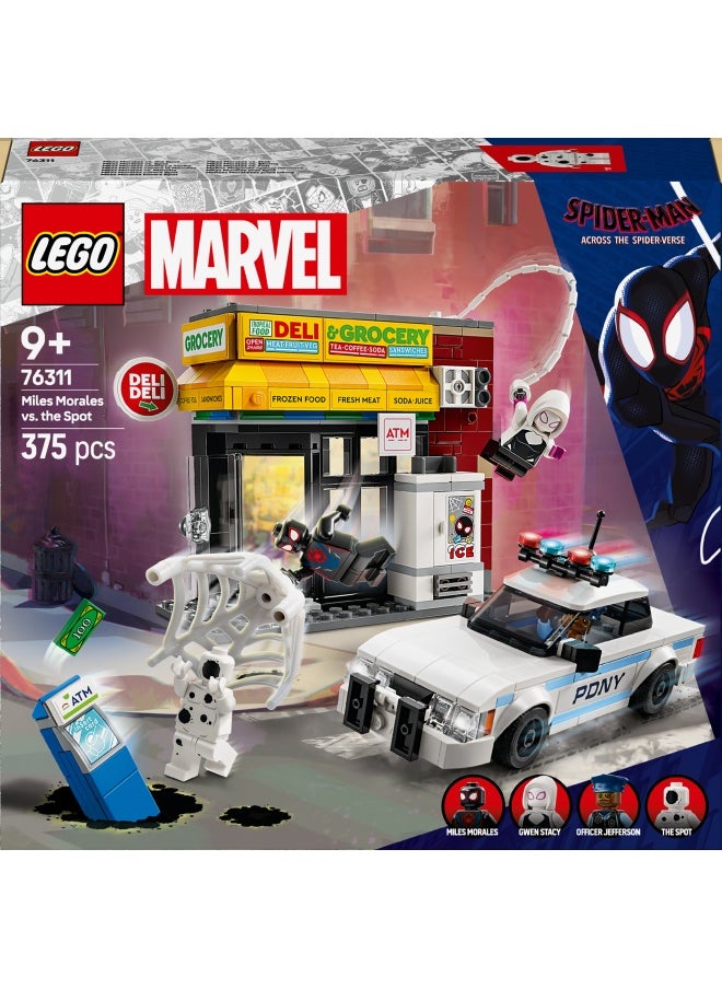 LEGO - Marvel Spider-Verse: Miles Morales vs. The Spot - Super Heroes Playset with a Buildable Toy Car, 4 Minifigures & a Shop - Birthday Gift for 9 Plus Year Old Boys & Girls 76311 (375 pieces) - Image 1