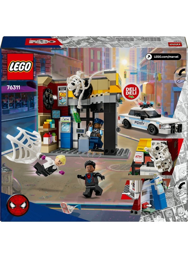 LEGO - Marvel Spider-Verse: Miles Morales vs. The Spot - Super Heroes Playset with a Buildable Toy Car, 4 Minifigures & a Shop - Birthday Gift for 9 Plus Year Old Boys & Girls 76311 (375 pieces) - Image 1