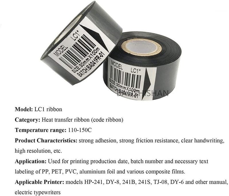 True-Ally 5 لفات شريط الطباعة الساخنة نقل حراري 30 مم × 100 م لآلة ترميز التاريخ طابعة الطباعة الساخنة 241 241B 241S TJ-08 DY-8 DY-6 (أسود) - Image 3