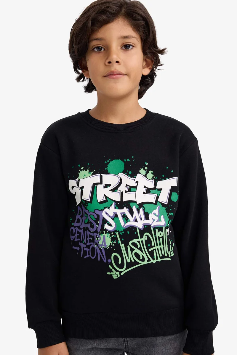 ديفاكتو Boy Crew Neck Printed Soft Fleece Lining Sweatshirt