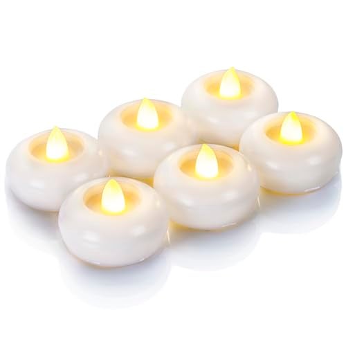 Homemory 2” Flameless Led Floating Candles, 200 Hour Plastic Battery Operated Flickering Waterproof Tealights for Cylinder Vases, Centerpieces at Wedding, Party, Pool, Holiday(6Pack, White Base) - Image 1
