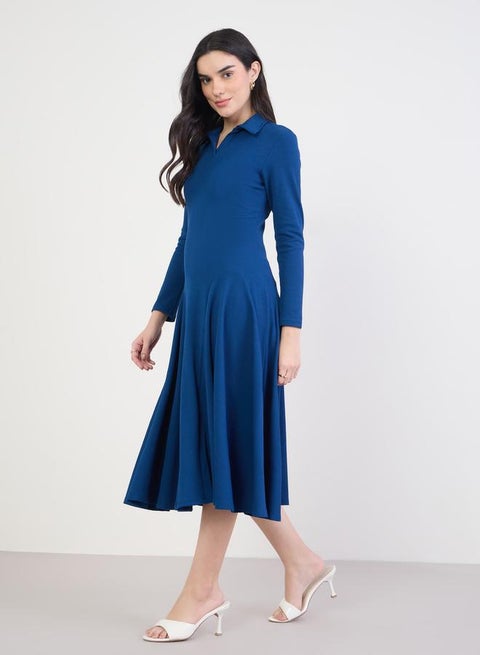 Women Navy Blue Long Sleeves A-Line Midi Dress