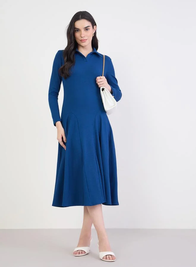 Styli Women Navy Blue Long Sleeves A-Line Midi Dress